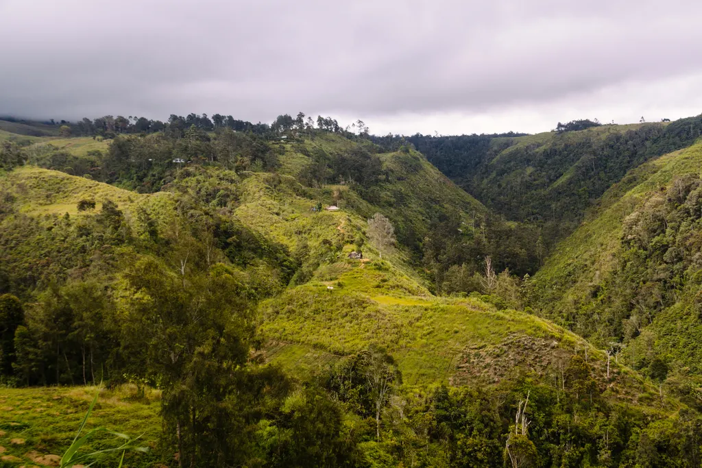 Highland valley in Papua New Guinea with villages on the green ridges